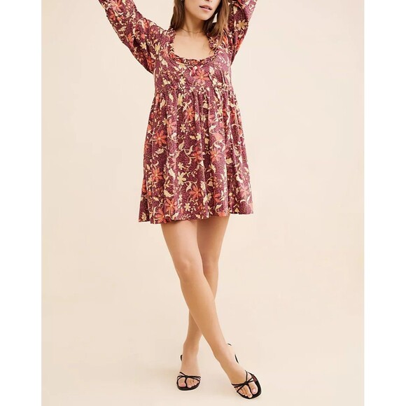 Free People Lola Floral Mini Dress Printed Balloon Sleeve Cutout Cotton S 286397 - Picture 2 of 9